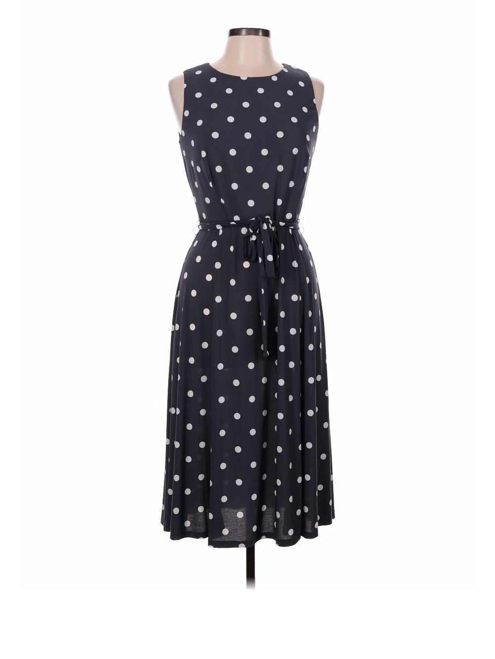 Anne Klein Sleeveless Black Polka Dot Tie-Waist Midi Dress